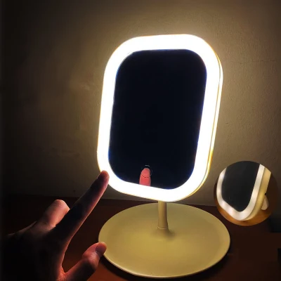 Beleuchtung in 3 verschiedenen Farben mit Tablett, USB-Aufladung, berührungsgesteuerter rechteckiger LED-Kosmetikspiegel